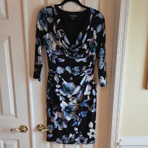LAUREN Ralph Lauren Black Floral Cowl Neck Dress with Blue Accents